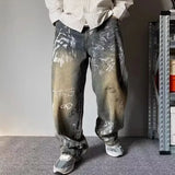 33.46Aidase Men's Y2K Graffiti Printed Baggy Jeans New Vintage Distressed Blue Harajuku Denim Pants High Street Straight-leg Jean Trousers aidase-shop