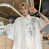 Aidase Bamboo Embroidery Shirts Men Summer Male Handsome Chic Fashion Ins High Street Half-sleeve Cool Casual Baggy New Shirt 5XL-M