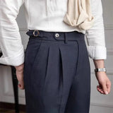 AIDASE  -  Seersucker Naples Suit Trousers Mens British Stylish High-waisted Belt Design Straight Pants Summer Slim Business Casual Pants aidase-shop