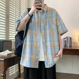 AIDASE  -  Trendy Summer Elegant Short Sleeve Plaid Shirt Men's American Casual Oversized Pocket T Shirts Y2K Streetwear Camisas aidase-shop