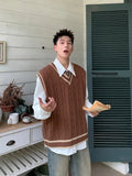 Aidase V Neck Knit Sweater Male Black Waistcoat Striped Brown Vest Men's Clothing Sleeveless Aesthetic Meme Old Korean Autumn Clothes A