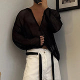 AIDASE  -  Men Sweater Solid V Neck Long Sleeve Hollow Out See Through Male Pullovers Streetwear Loose Fashion Casual Men Clothing aidase-shop