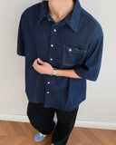 AIDASE  -  Blue Casual Short Sleeve Denim Shirt for Men Summer New Loose Style with Pocket Versatile Simple Design Top Casual Shirt aidase-shop