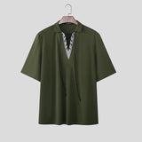 AIDASE  -  Men Shirt Lapel Short Sleeve Patchwork Lace Up Casual Men Clothing Streetwear Korean Style Summer Fashion Male Tops aidase-shop