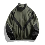 AIDASE  -  Retro Color Block Jacket Vintage 90s Style Windbreaker Olive Green Black Reflective Stand Collar Zip-Up Sportswear Coat for Men