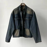 AIDASE  -  Spring Autumn New Men's Tide Punk Short Denim Jackets Loose Large Pockets Stand Collar Casual Zipper Top Trendy Coat aidase-shop