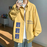 AIDASE  -  Korean Men's Patchwork Square Collar Button Pocket Printed Letters Fashion Loose Simple Casual Long Sleeved Shirts aidase-shop