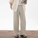AIDASE  -  Mens Cropped Linen Blend Dress Pants Casual Drawstring High Waist Breathable Suit Trousers Japanese Clean Fit Straight Trousers aidase-shop