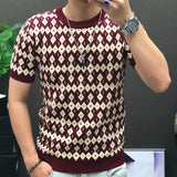Aidase Diamond Check Contrast Knit T-Shirt High Elasticity Short Sleeve Slim Bottomed Tshirt Men Top Quality Streetwear Knitted Top aidase-shop