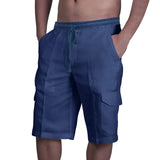 Aidase Vintage Men Linen Shorts Multi Pocket Drawstring Cargo Knee Length Pants Summer Fashion Casual Loose Beach Short Trousers Male