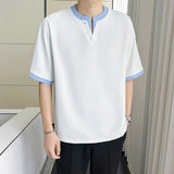 AIDASE  -  Fake Two-piece Men's T-shirt Summer New Striped Splicing Round Neck Short Sleeved Fashion Men Tops Casual Clothing 21E5575 aidase-shop