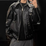 AIDASE  -  Korean Style Y2k Black Leather Jacket Mens Autumn Winter Fashion High-End Motorcycle Clothing Versatile Loose Workwear Jacket aidase-shop