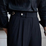 AIDASE  -  Seersucker Naples Suit Trousers Mens British Stylish High-waisted Belt Design Straight Pants Summer Slim Business Casual Pants aidase-shop