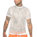Aidase Men Mesh See Through T-Shirt Fishnet Hollow Clubwear Streetwear Perform Male Short Sleeve Undershirt Top Tee 5XL Sexy Rainbow aidase-shop