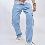 Aidase High street trendy Jeans Men Wide-leg Multiple Pockets Loose Denim Trousers Luxury Quality Sky Blue Tapered Casual Pants Male