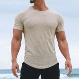 AIDASE  -  Casual Crew Neck Short Sleeve Mens T Shirts Summer Sports Fashion Stretch Slim Pullover Tops Men Vintage Striped Textured Tees aidase-shop