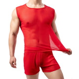AIDASE  -  Sexy Sleeveless Mesh Transparent T-shirts Mens Lounge Undershirts Tank Tops Sexy Homme Boxer Shorts Gym Homewear Men Clothes Set aidase-shop