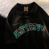 25.4Aidase American Retro Personalized Lapel Tie Short Sleeved Men and Women Summer Street Loose Hip-hop Letter Graphic T-shirt Top Y2k aidase-shop