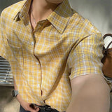 AIDASE  -  Vintage Y2K Style Plaid Shirts Men Streetwear Fashion Button-up Lapel Short Sleeve Shirt For Men's 2025 Summer New Casual Shirts aidase-shop