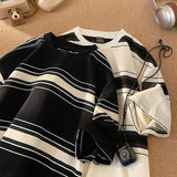 AIDASE  -  Color Blocking Striped T-shirt Men's Heavyweight Cotton Short Sleeved Tee Loose O-neck Base Shirt Summer American Couple Tops aidase-shop