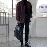 AIDASE  -  Winter Thick Woolen Plaid Shirt Men's Casual Loose Korean Elegant Woolen Long Sleeved Shirt Vintage Warm Lapel Button Jacket aidase-shop