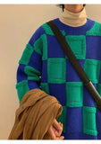 Winter Korean Fashion Mens Pullovers Checkerboard Plaid Sweater Thick Warm Cashmere Sweater Men Luxury Patchwork Pull Homme aidase-shop