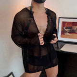 AIDASE  -  Men Sweater Solid V Neck Long Sleeve Hollow Out See Through Male Pullovers Streetwear Loose Fashion Casual Men Clothing aidase-shop