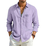 AIDASE  -  Men's Linen Texture Long Sleeve Shirt Light Blue Casual Button Down Shirts with Pocket Summer Old Money Style Breathable Tops aidase-shop