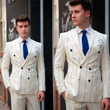 Aidase Men Suit 2 Pieces White Pinstripe Slim Fit Blazer Pants Fashion Work Wear Fashion Groom Business Causal Prom Party Tailored