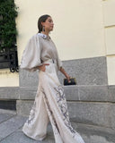 AIDASE  -  Solid Cotton Linen Printed Wide Leg Pants Set Women Casual Daily Bubble Sleeve Shirt Two Piece Suit 2025 New Summer Street Wear aidase-shop