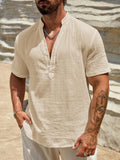 AIDASE  -  Men's Linen Blend Henley Shirt Short Sleeve V Neck Casual Summer Beach Top aidase-shop