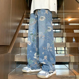 Aidase  Mens Fashion Floral Printed Jeans Korean Style Autumn Denim Pants High Street Loose Trousers Hip Hop Wide-leg Jean Pants