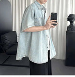 AIDASE  -  Men's Denim Short Sleeve Shirt Inverted Pocket Decoration Short Sleeve Single-breasted Male Shirts Fashion Menswear 21E6523 aidase-shop