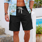 AIDASE  -  Men's Cotton Linen Cargo Shorts Elastic Waist With Drawstring 6 Pockets Summer Vacation Casual Men's Stretch Shorts aidase-shop