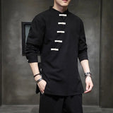 Aidase Spring and Autumn New Oriental Men's Shirt Hanfu Chinese Top Cotton Hemp Street Casual Vintage T-shirt