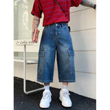 AIDASE  -  Men Retro American Style Washed Denim 3/4 Pants Loose Multi-Pocket Wide Leg Thin Casual Streetwear Summer Fashion Short Jeans aidase-shop