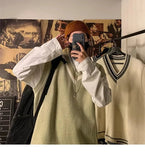 AIDASE  -  Autumn Winter V-neck Knitted Sweater Vest Men Oversized Loose Sleeveless Pullover Tops Men's Korean Warm Sweaters Tank Tops aidase-shop