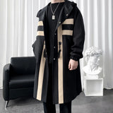 Aidase New Trench coat Men's Windbreaker Patchwork Color Medium Long Trenchcoat Korean Fashion Covered Button Male Hooded Trench Jacket