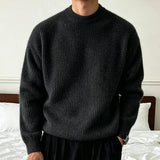 AIDASE  -  Men's Solid Color Knitwear Sweater Spring Autumn Casual Fashion Ribbed Texture Long Sleeve Loose Crew Neck Knit Pullover Sweater aidase-shop
