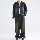 Aidase American Retro Vintage Denim Lapel Jacket Men's Hight Street Drape Wide Leg Jeans Hip Hop Trousers Suit/single Piece aidase-shop