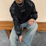 Aidase Mens Y2k Contrast Pu Leather Raglan Sleeves  Sweatshirt Autumn And Winter Genderless Casual Loose Splicing Sweatshirt Unisex aidase-shop