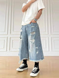 AIDASE  -  American Style Washed Ripped Male Denim Shorts Casual Loose Wide Leg Tassel Pants High Street Fashion Men's Clothes 21E6544 aidase-shop