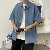 AIDASE  -  Men's Denim Short Sleeve Shirt Summer Korean Style Trendy Loose Cardigan Lapel Single Breasted Casual Male Tops aidase-shop