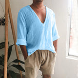 Aidase Spring Summer Mens V Neck Cotton Linen T-shirt Loose Solid Long Sleeve Pullovers Tops Fashion Casual Clothing Streetwear