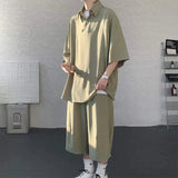 AIDASE  -  Casual Men Two-piece Lapel Short Sleeve Solid Color Male T-shirt Fashion Loose Shorts Fashionable Versatile Sets 21E5888 aidase-shop