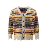 Aidase Retro Rainbow Striped Cardigan Sweater Men's Autumn New Trendy Su Outwear Y2k Knitwears Oversize Raw Edges Frayed Sweatercoat aidase-shop