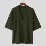 AIDASE  -  Men V Neck Half Sleeve Solid Color Ribbed Knitted Shirts aidase-shop