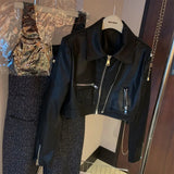 AIDASE  -  American Trendy Motorcycle Suit Slim Short Jacket Double Zipper Washing PU Leather Jacket High Street Versatile Leather Jacket aidase-shop