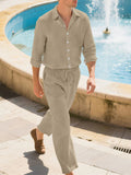 AIDASE  -  Trendy Solid Color Linen Sets Mens Long Sleeve Buttoned Lapel Shirt And Pants Linen Two Pieces Suits Autumn Men's Casual Outfits aidase-shop