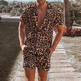 Aidase Leopard Print Men's Two Piece Set Short Sleeve Turn-down Collar Shirt And Shorts Loose Casual Suits Summer Fashion Outfits Male